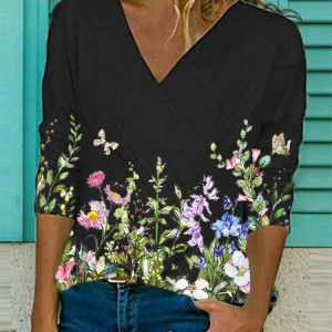 Floral-Print Long Sleeve Casual Tops, Shirts & Blouses, color:Black|size:3XL, JustFashionNow