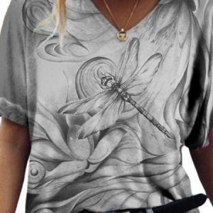 Raglan Sleeve Vintage V Neck Printing Dragonfly T-Shirt, T-Shirts, color:Gray|size:3XL, JustFashionNow