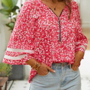 V Neck Casual Zipper Loose Shirt, Shirts & Blouses, color:Red|size:XXL, JustFashionNow