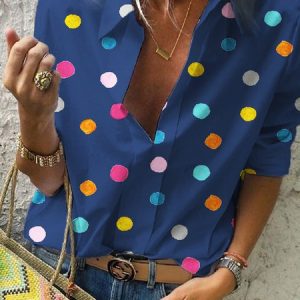 Casual Long Sleeve Polka Dots Boho Blouse, Tops, color:Blue|size:3XL, JustFashionNow