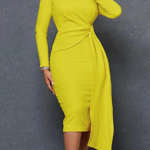 Regular Fit High Elasticity Plain V Neck Long sleeve Elegant Dress With Belt, Midi Dresses, color:Yellow|size:XXL, Stylewe