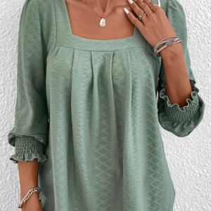 Plus Size Plain Square Neck Jacquard Casual T-Shirt, T-shirts, color:Green|size:4X, Noracora