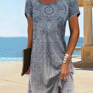 Loose Crew Neck Vacation Dress With, Midi, color:Blue|size:XXL, Noracora