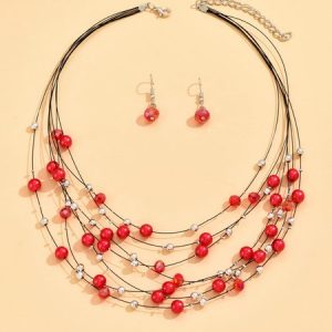 Boho Multicolor Beads Layered Necklace Earrings Set, Necklaces, color:Red|size:One-size, JustFashionNow