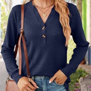 Casual Loose Plain V Neck Shirt, Shirts & Blouses, color:Dark Blue|size:XXL, JustFashionNow