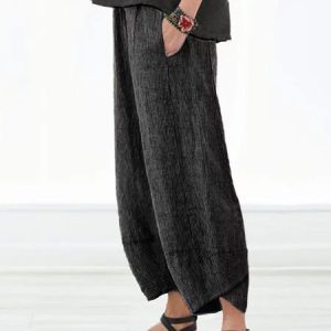Pockets Striped Linen Shift Casual Pants, Pants, color:Black|size:5XL, JustFashionNow