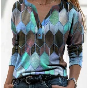 JFN V Neck Geometric Buttoned Casual Long Sleeve Top, T-Shirts, color:Blue|size:XXL, JustFashionNow