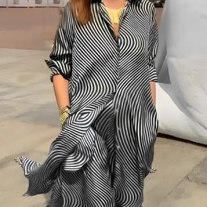 Striped Casual Shirt Collar Long sleeve Blouse, Blouses and Shirts, color:Black-white|size:XXL, Stylewe