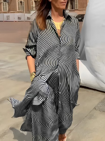 Striped Casual Shirt Collar Long sleeve Blouse, Blouses and Shirts, color:Black-white|size:XXL, Stylewe