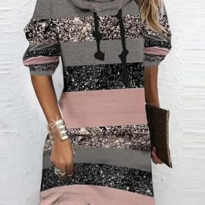Loose Casual Color Block Hoodie Dress, Dresses, color:Multicolor|size:XXL, JustFashionNow