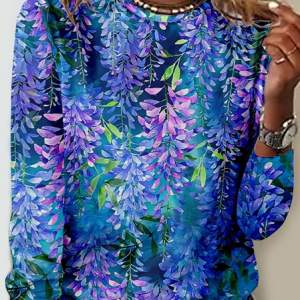 Women's Simple Regular Fit Blue Floral Crew Neck Shirt, color:Blue|size:3XL, Lilicloth.com