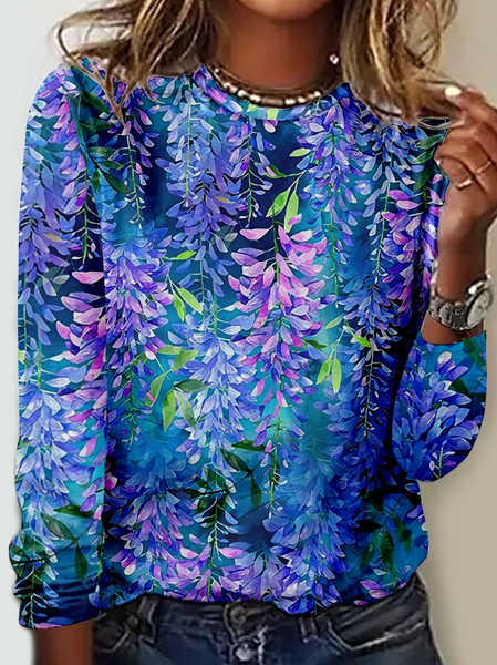 Women's Simple Regular Fit Blue Floral Crew Neck Shirt, color:Blue|size:3XL, Lilicloth.com