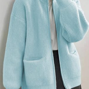 Women Plain Long Sleeve Comfy Casual Zipper Cardigan, Cardigans, color:Blue|size:One-size, Noracora