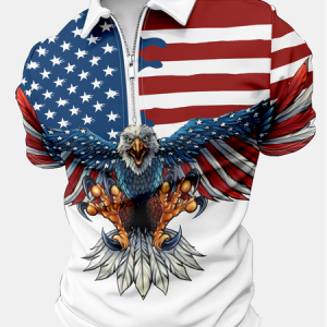 Men's America Flag Eagle Old Glory Printing Polo Collar Casual Eagle Old Glory Regular Fit Polo Shirt, T-shirts, Lilicloth.com