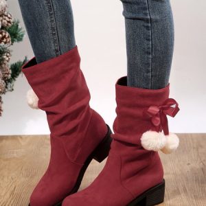 Christmas Pompom Decor  Faux Suede Slouchy Boots, Boots, color:Wine Red|size:43, Noracora