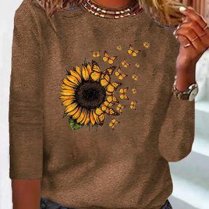 Sunflower Long sleeve Crew Neck T-Shirt, color:Brown|size:3XL, Lilicloth.com