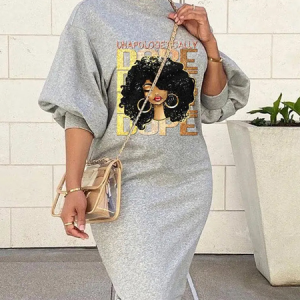Plus Size Regular Fit Abstract Casual Midi Dress With No Belt, Plus Dresses, color:Gray|size:4X, Stylewe