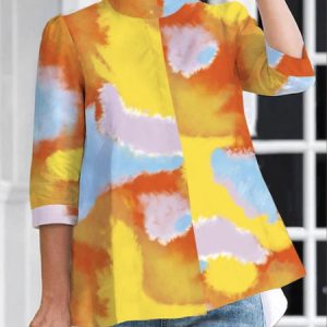 Urban Regular Fit Stand Collar Abstract Blouse, Blouses and Shirts, color:Yellow|size:XXL, Stylewe