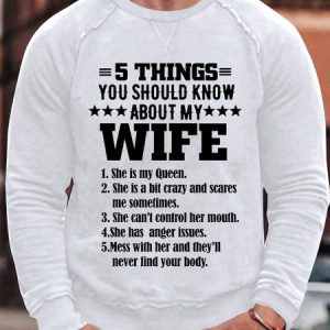 Men's 5 Things You Should Know About My Wife Funny Text Letters Crew Neck Sweatshirt, color:White|size:3XL, Lilicloth.com