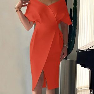 Elegant Plain Cross Neck Regular Fit Mini Dress, Mini Dresses, color:Orange|size:XS, Stylewe