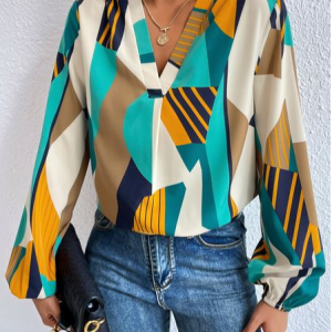 Urban Loose Color Block V Neck Top, Shirts & Blouses, color:Multicolor|size:XXL, JustFashionNow