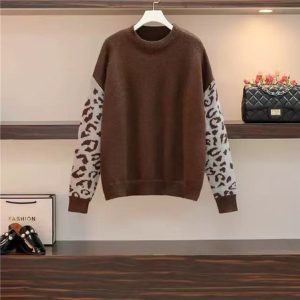 Women Yarn/Wool Yarn Leopard Long Sleeve Comfy Casual Sweater, Sweaters, color:Coffee|size:L, Noracora