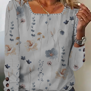 Casual Floral Square Neck Buttoned Shirt, Blouses, color:Gray|size:XXL, Noracora