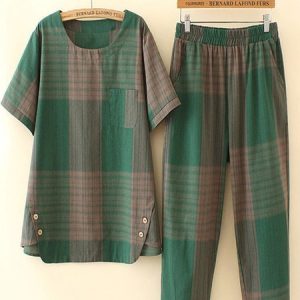 Buckle Plaid Casual Top With Pants Two-Piece Set, Suit Set, color:Green|size:4XL, JustFashionNow