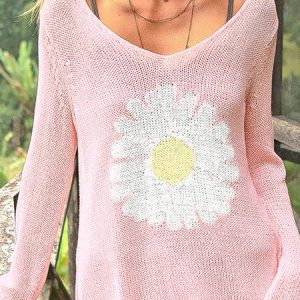 Women Yarn/Wool Yarn Floral Long Sleeve Comfy Casual Sweater, Sweaters, color:Pink|size:XL, Noracora