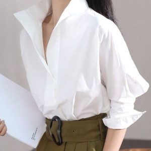 Plain Urban Shirt Collar Loose Blouse, Blouses and Shirts, color:White|size:XXL, Stylewe