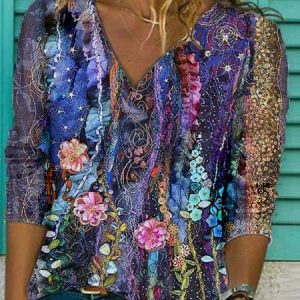 JFN V Neck Floral Causal Shirt, Shirts & Blouses, color:Blue|size:XXL, JustFashionNow