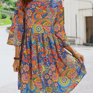 Floral Crew Neck Casual Short Sleeve Women Smock Dress, Dresses, color:Multicolor|size:XXL, JustFashionNow