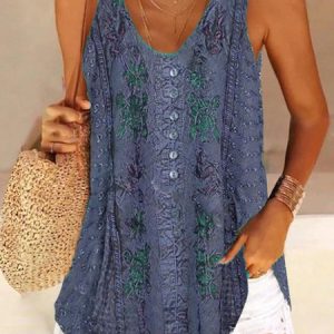 Ethnic Boho Buttoned Loose Tank Top, Tanks & Camis, color:Blue|size:XXL, JustFashionNow