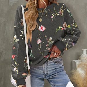 Loose Crew Neck Floral Casual Sweatshirt, Sweatshirts & Hoodies, color:Gray|size:XXL, JustFashionNow