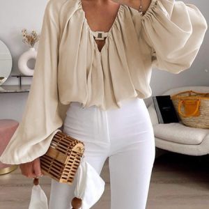 Plain V Neck Long Sleeve Elegant Top, Blouses and Shirts, color:As Picture|size:XXL, Stylewe