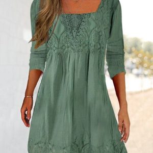 JFN Square Neck Lace Linen Ethnic Plain Casual Loose Tunic Dress, Dresses, color:Green|size:XXL, JustFashionNow
