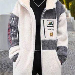 Color Block Long Sleeve Fluff/Granular Fleece Fabric Casual Hoodie Teddy Jacket, Coats, Roselinlin - Online Catalog
