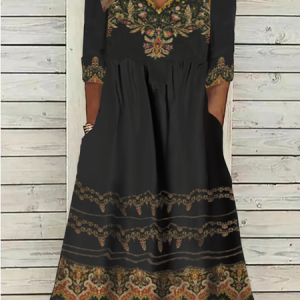 Plus Size V Neck Ethnic Jersey Casual Dress, DRESSES, color:Black|size:4X, Noracora