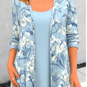 Crew Neck Floral Casual Loose Two-Piece Set, Suit Set, color:Blue|size:XXL, JustFashionNow