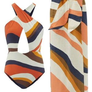 Printing Cross Neck Abstract One Piece With Cover Up, Coverups, color:Multicolor|size:XXL, Stylewe