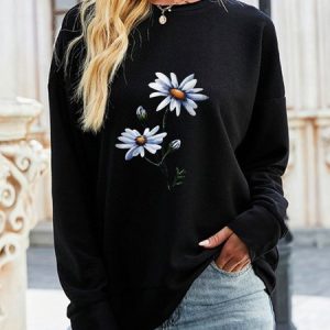 Casual Crew Neck Daisy Sweatshirt, Hoodies & Sweatshirts, color:Black|size:3XL, Noracora