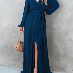 Women Plain V Neck Long Sleeve Comfy Casual Maxi Dress, Maxi, color:Blue|size:XL, Noracora