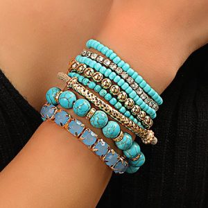 Ethnic Turquoise Crystal Beaded Layered Bracelet Boho Jewelry, Bracelet Set, color:Cyan|size:One-size, Noracora