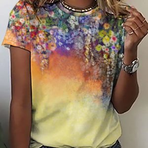 Casual Abstract Floral Gradient Print Crew Neck T-Shirt, color:As Picture|size:3XL, Lilicloth.com