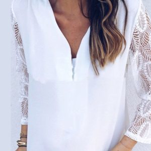 V Neck Half Sleeve Plain Lace Regular Loose Shirt For Women, Blouses, color:White|size:XXL, Noracora