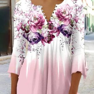 Pink Gradient Floral Design Casual Knit Top, Shirts & Blouses, color:Pink|size:XXL, JustFashionNow