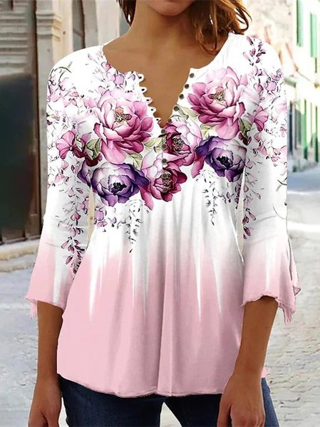 Pink Gradient Floral Design Casual Knit Top, Shirts & Blouses, color:Pink|size:XXL, JustFashionNow