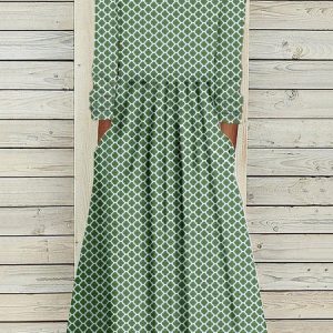 Geometric Casual Loose Crew Neck Dress, Dresses, color:Green|size:XXL, JustFashionNow