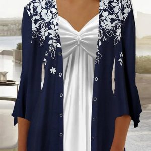 Floral Casual Wrap Two-Piece Set, Suit Set, color:Dark Blue|size:XXL, JustFashionNow