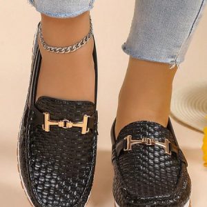 Women Metal Decor Braided Embossed Loafers, Flats, color:Black|size:40, JustFashionNow